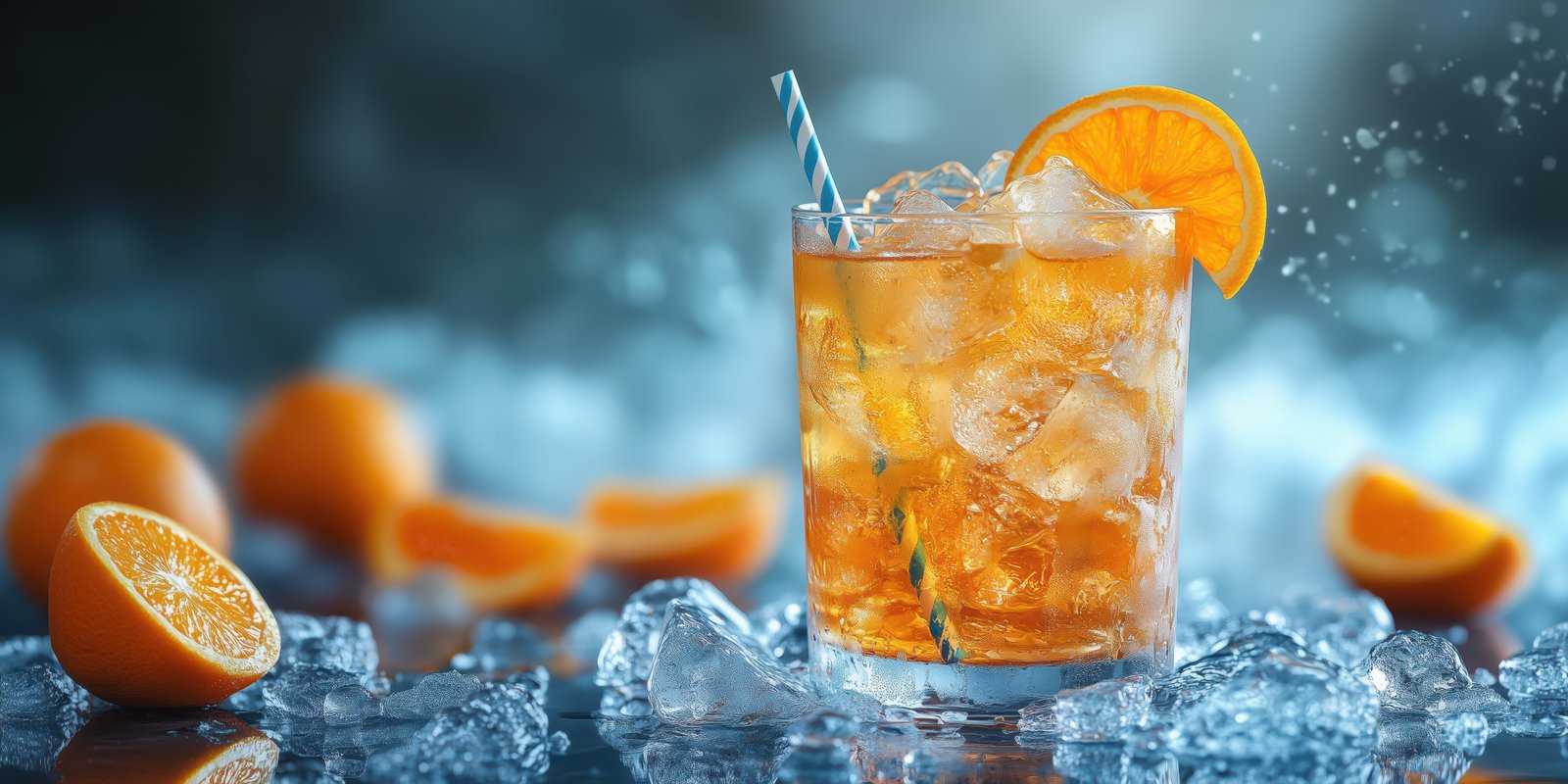 Refreshing orange drink in a chilled glass with ice and orange slices on a bright table